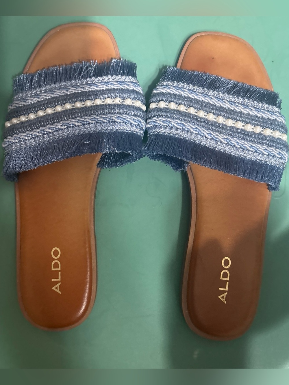 ALDO Blue Fringe Pearl-Trim Slide Sandals